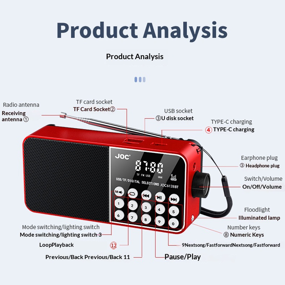 JOC 6128BT LED Display Digital Radio with Emergency Light Bluetooth-compatible FM Radio Support TF Card - Gray - Image 5