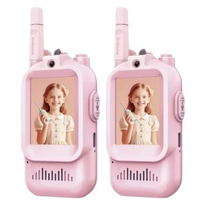 JK200 1 Pair 2.0 Inch Screen Interactive Video Walkie Talkie Set for Children 150-500m Range Communication – Pink+Pink