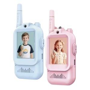 JK200 1 Pair 2.0 Inch Screen Interactive Video Walkie Talkie Set for Children 150-500m Range Communication – Pink+Blue