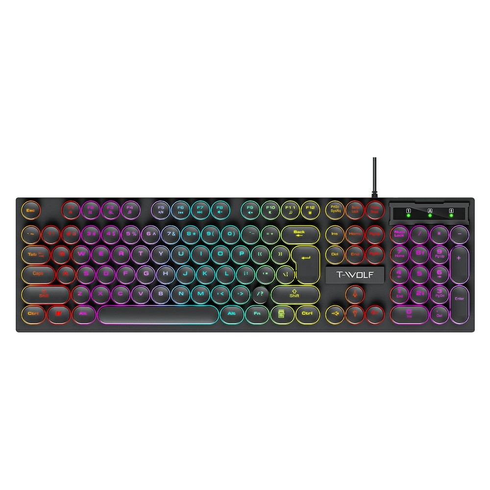 T-WOLF T80 Gaming Keyboard Retro Punk Round Keycap Wired Mechanical Keyboard with Colorful Backlight, Black