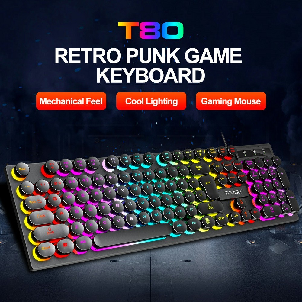 T-WOLF T80 Gaming Keyboard Retro Punk Round Keycap Wired Mechanical Keyboard with Colorful Backlight, Black - Image 2