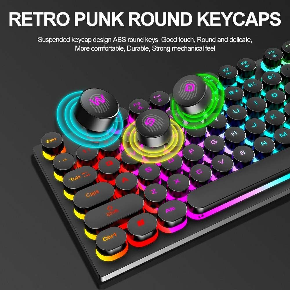 T-WOLF T80 Gaming Keyboard Retro Punk Round Keycap Wired Mechanical Keyboard with Colorful Backlight, Black - Image 3