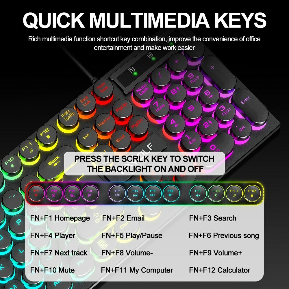 T-WOLF T80 Gaming Keyboard Retro Punk Round Keycap Wired Mechanical Keyboard with Colorful Backlight, Black - Image 4