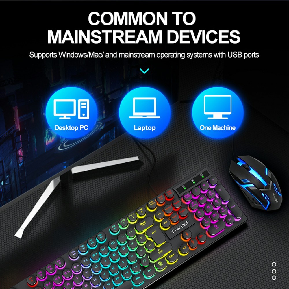 T-WOLF T80 Gaming Keyboard Retro Punk Round Keycap Wired Mechanical Keyboard with Colorful Backlight, Black - Image 5