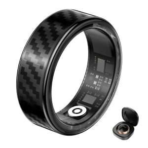 SY02 Carbon Fiber Pattern Smart Ring Multifunction Sleep Tracker Blood Oxygen Heart Rate Monitor, with Charging Case – Black / Size 10