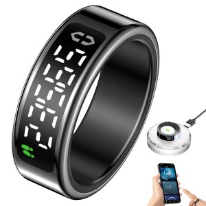 SY01 Digital Display Smart Ring Sleep Blood Oxygen Heart Rate Monitor Ring with Charging Case – Black / Size 14