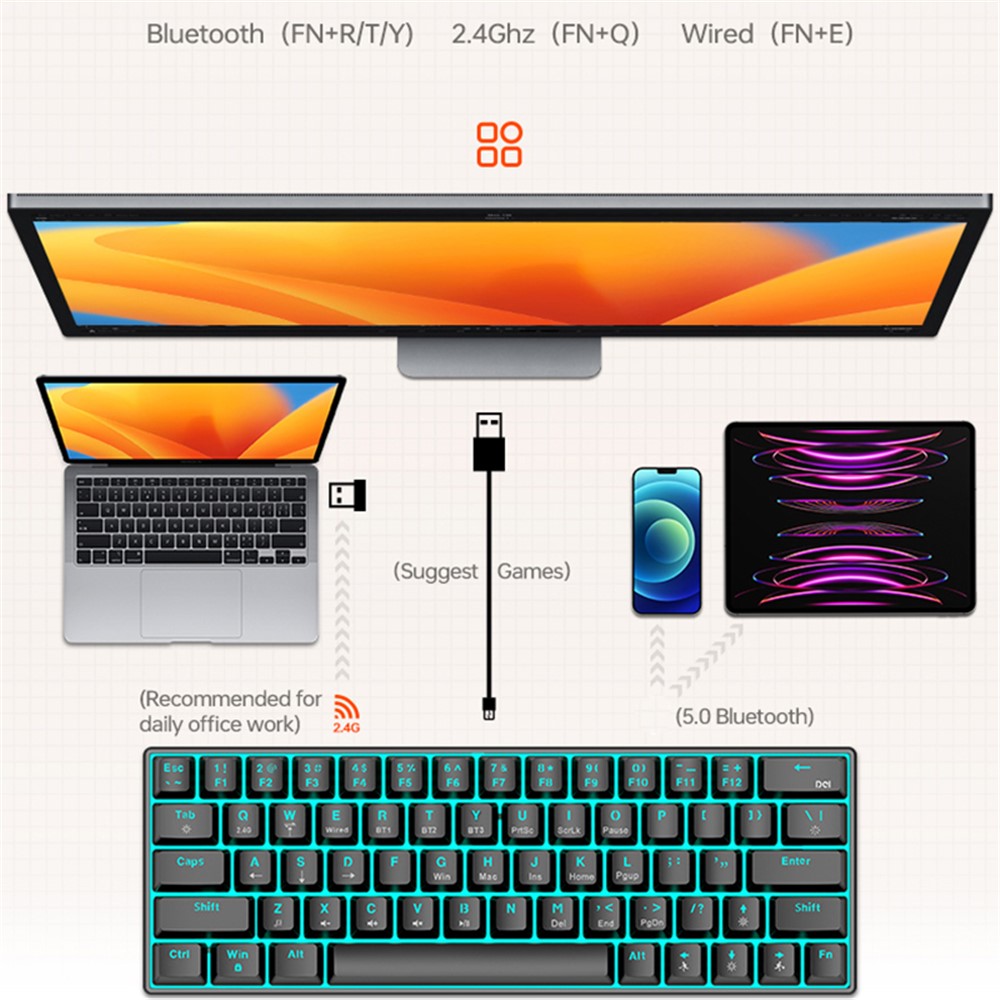 T-WOLF T30 Mechanical Keyboard Wired + Wireless + Bluetooth-compatible 3-Mode RGB Gaming Keyboard 63 Keys - Mix Color - Image 2