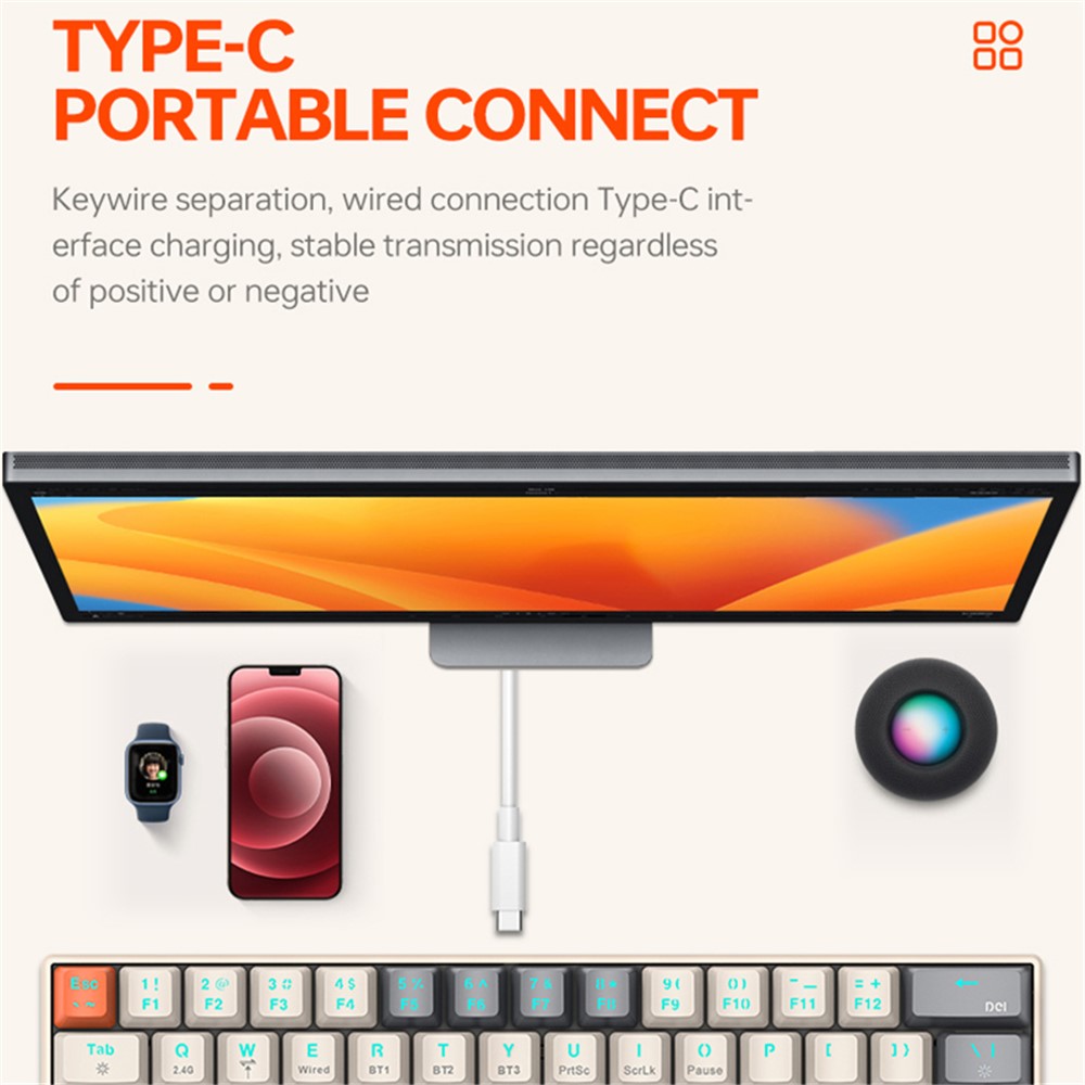T-WOLF T30 Mechanical Keyboard Wired + Wireless + Bluetooth-compatible 3-Mode RGB Gaming Keyboard 63 Keys - Mix Color - Image 4