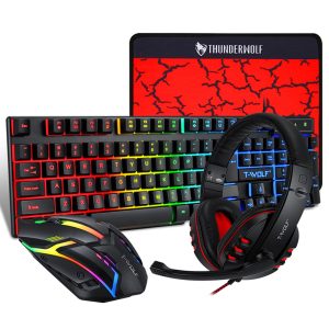 T-WOLF TF800 4 in 1 LED Backlit Gaming Working Keyboard Mouse Headphone Mouse Pad Set