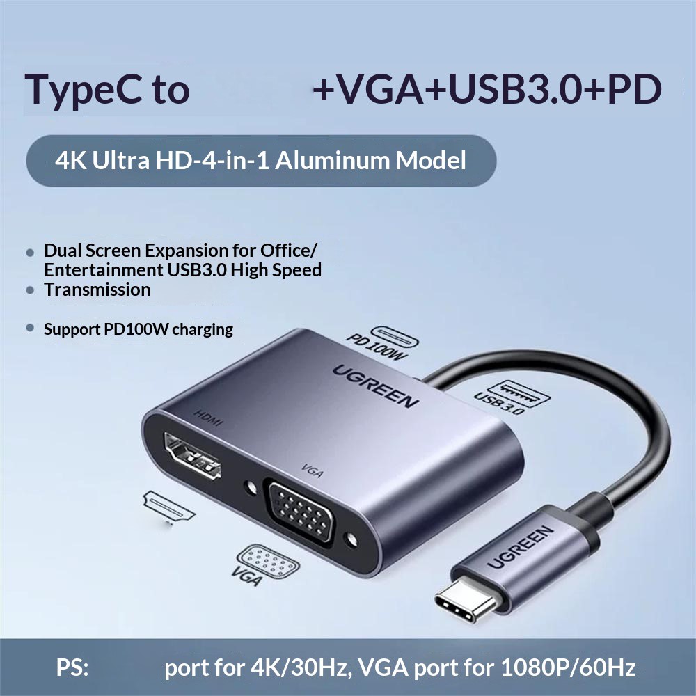 UGREEN 50505 4 in 1 Hub USB-C to 4K / 30Hz HD VGA USB 3.0 PD 100W Fast Charging Adapter - Image 3
