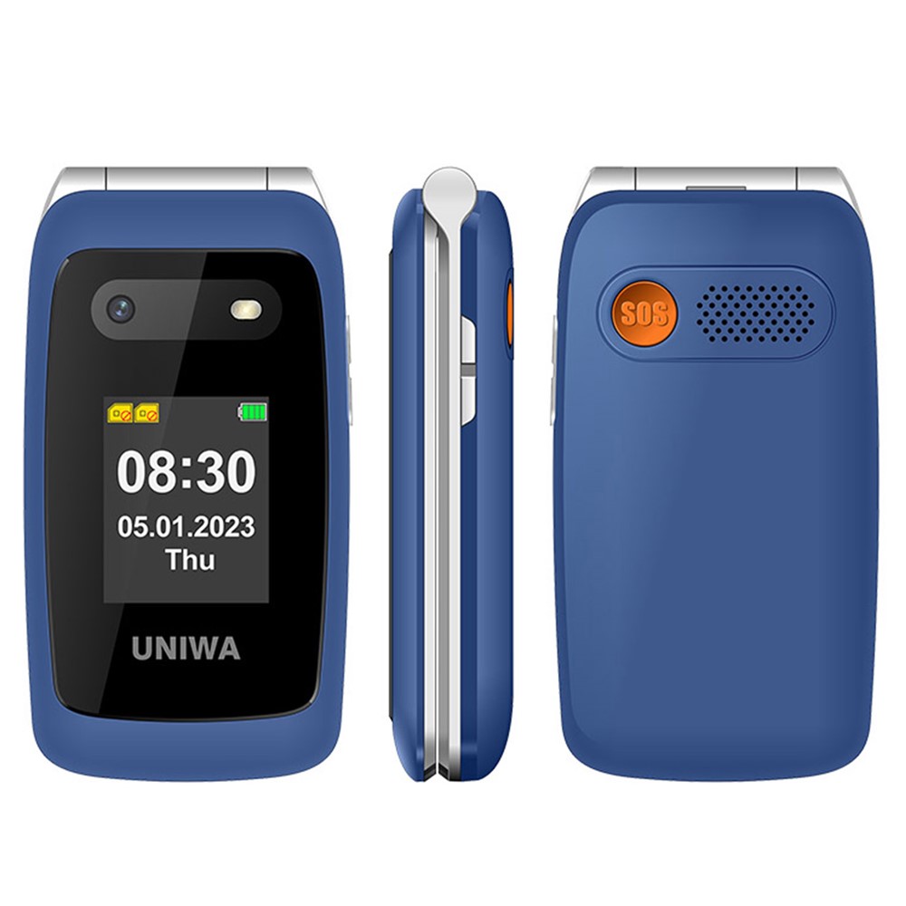 UNIWA V202T 1.77-Inch 4G Ultra Long Standby Dual-SIM Phone FM SOS Flashlight Folding Phone - Blue/ Language Pack 1