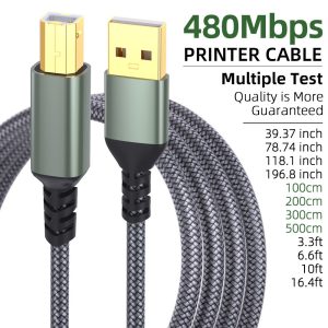 USB Printer Cable 2M Braided USB A to USB B Extension Cord 480Mbps Data Transfer for Device Connection – Grey