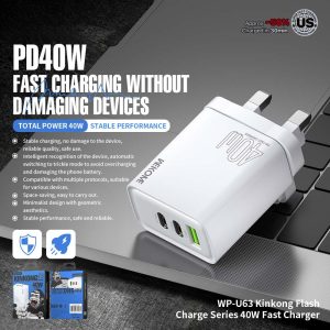 WEKOME WP-U63 40W Fast Charger USB-A + 2 Type-C Ports Portable Wall Charger Adapter – UK Plug
