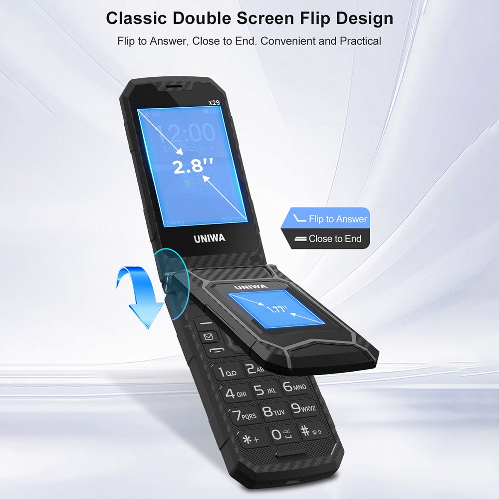 UNIWA X29 2.8 inch Flip Phone Dual Screen Dual SIM Card Standby GSM Keypad 2000mAh Rugged Mobile - Black / Grey - Image 3