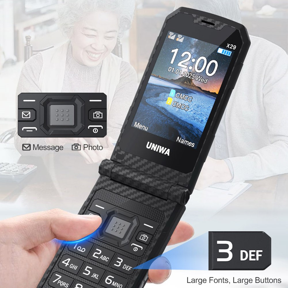 UNIWA X29 2.8 inch Flip Phone Dual Screen Dual SIM Card Standby GSM Keypad 2000mAh Rugged Mobile - Black / Grey - Image 4