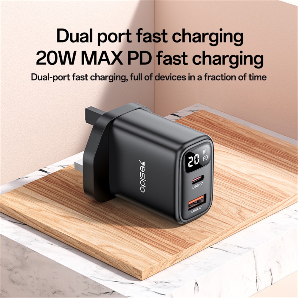 YESIDO YC87 Digital Display 20W Wall Charger USB + Type-C Phone Tablet Charging Adapter, UK Plug - Image 2