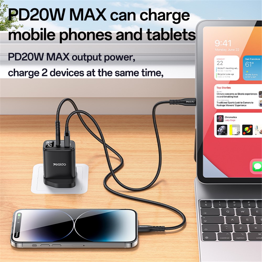 YESIDO YC87 Digital Display 20W Wall Charger USB + Type-C Phone Tablet Charging Adapter, UK Plug - Image 3