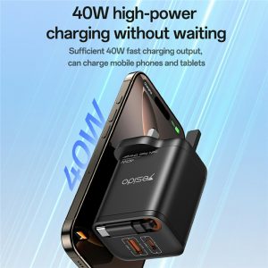 YESIDO YC145 UK Plug 40W Fast Charger with Retractable Type C Cable USB A + USB C Dual Ports GaN Charging Adapter