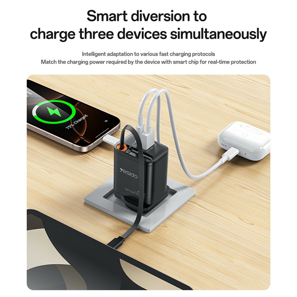 YESIDO YC145 UK Plug 40W Fast Charger with Retractable Type C Cable USB A + USB C Dual Ports GaN Charging Adapter - Image 3
