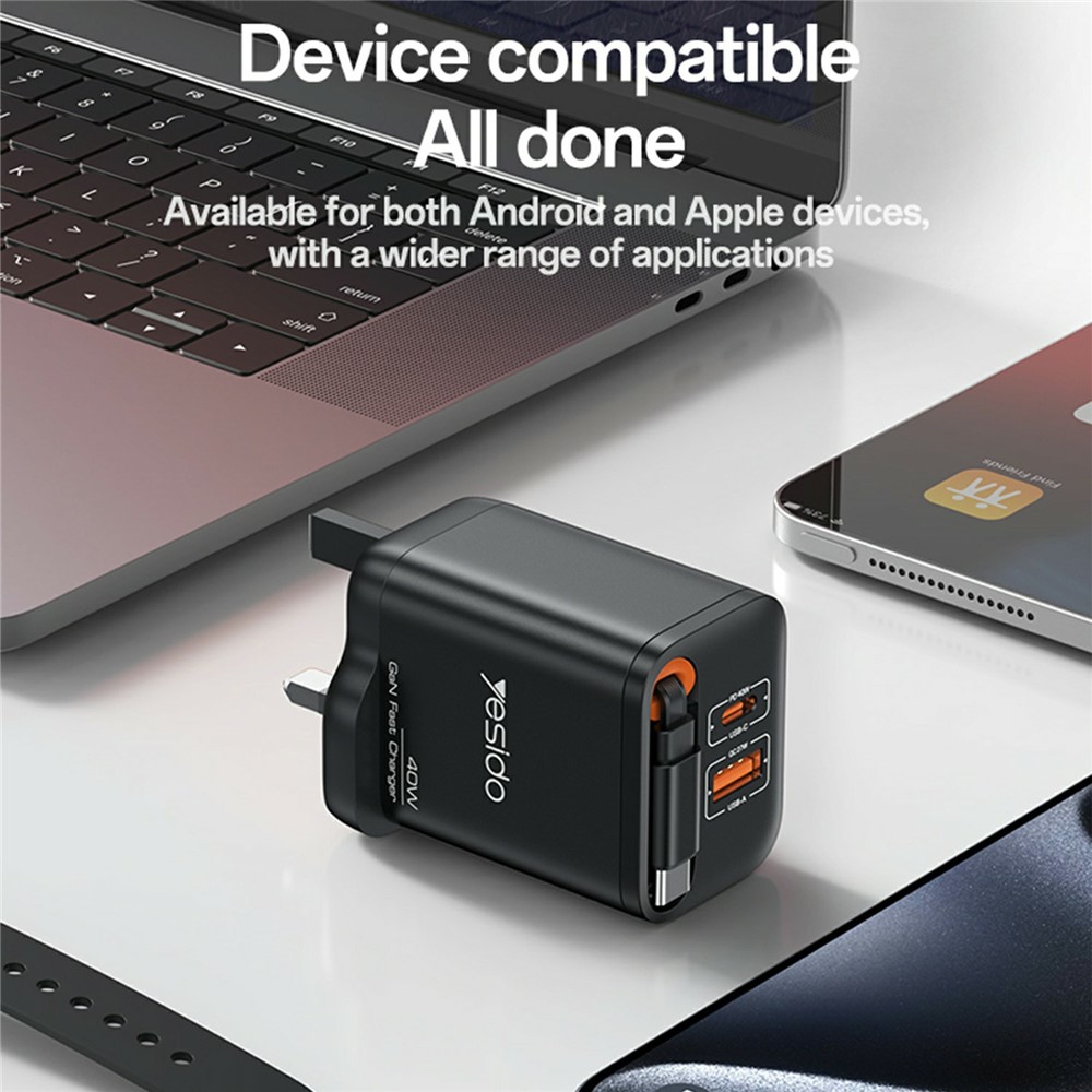 YESIDO YC145 UK Plug 40W Fast Charger with Retractable Type C Cable USB A + USB C Dual Ports GaN Charging Adapter - Image 4