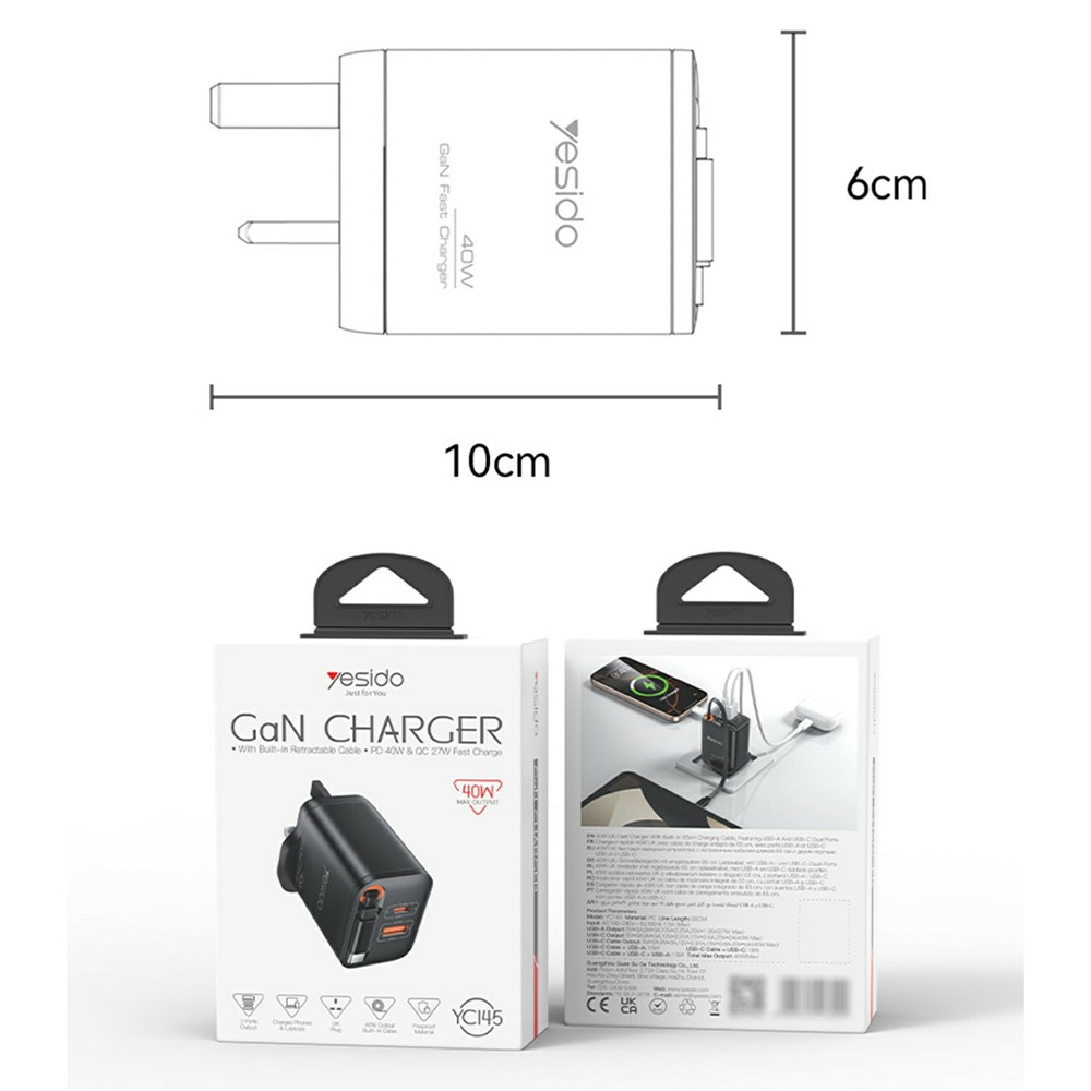 YESIDO YC145 UK Plug 40W Fast Charger with Retractable Type C Cable USB A + USB C Dual Ports GaN Charging Adapter - Image 5