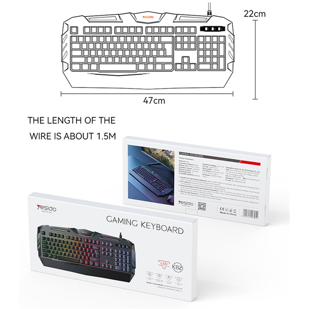YESIDO KB21 1.5m USB Wired Keyboard 104-key Gaming Keyboard with Breathing Light - Image 5