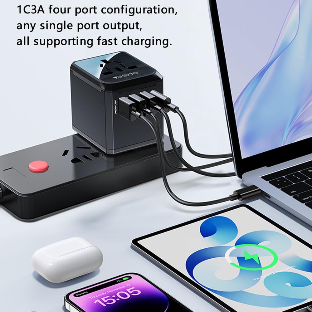 YESIDO MC24 20W Universal Adapter Socket Travel Wall Charger Multifunction Type-C+3USB-A Power Charger Converter - Image 4