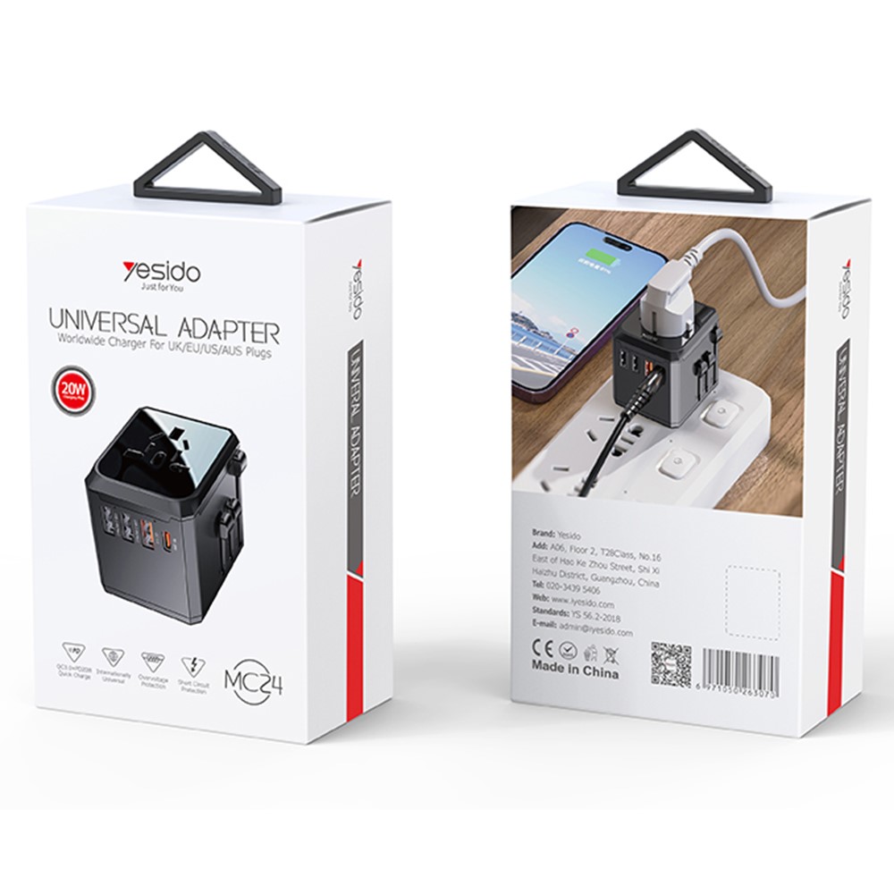 YESIDO MC24 20W Universal Adapter Socket Travel Wall Charger Multifunction Type-C+3USB-A Power Charger Converter - Image 5