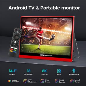 EMODERN Z1TV 14.1 Inch Touch Screen Portable Smart TV Android 15.0 RK3326 2GB+16GB 8K WiFi 6 Monitor – EU Plug