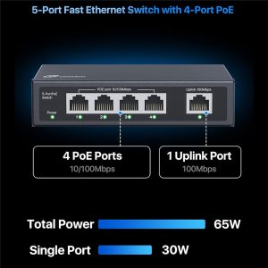 ZOSI 5 Port Poe Switch 4 Poe Ports + 1 Uplink 802.3af / at Poe+ 100Mbps 65W 250m Extended Range Plug and Play Network Switch – UK Plug